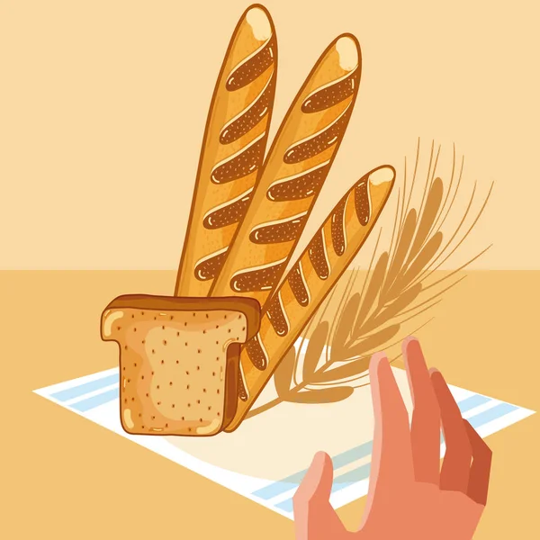 Hand Greifen Köstliche Brote Auf Tischdecke Vektor Illustration Grafik Design — Stockvektor