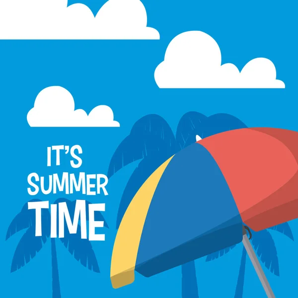 它的夏天时间卡片与伞和棕榈向量例证图设计 — 图库矢量图片