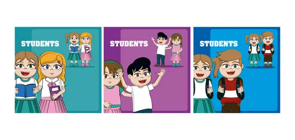 Kids students cartoons set of cards vector illustration graphic design