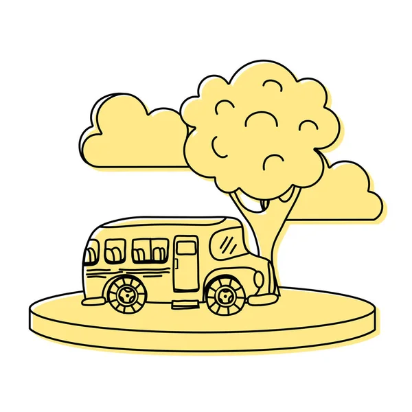 Χρώμα Σχολικών Λεωφορείων Στην Πόλη Σύννεφα Και Εικονογράφηση Διάνυσμα Δέντρο — Διανυσματικό Αρχείο