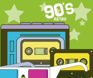 90'lı yılların retro kaset müzik ve sinema gözlük karikatürler vektör çizim grafik tasarım