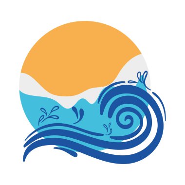 etiket güneşli manzara ve su sıçramalarına vektör çizim ile dalga