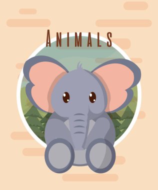 Fil sevimli hayvan renkli kart karikatür vektör çizim grafik tasarım