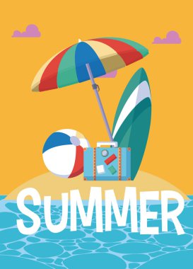 Yaz öğeleri üzerinde şirin ada çizgi film illüstrasyon grafik tasarım vektör