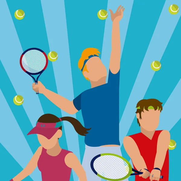 Giocatori Tennis Lancio Palle Cartoni Animati Strisce Blu Sfondo Vettore — Vettoriale Stock