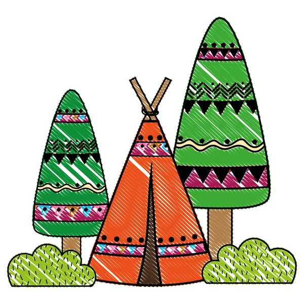 Geriebenes Ethnisches Lager Mit Bäumen Und Sträuchern Pflanzenvektorillustration — Stockvektor