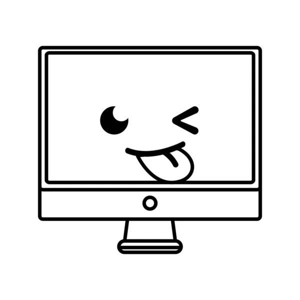 Linie Lustige Computerbildschirm Kawaii Cartoon Vektor Illustration — Stockvektor