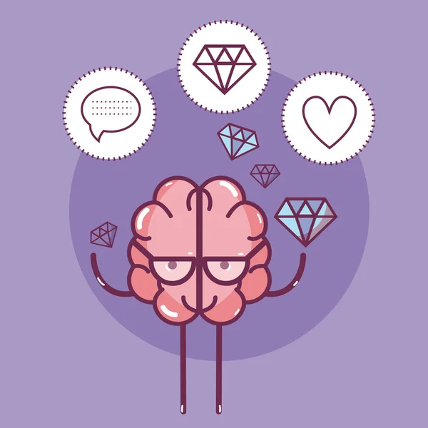 Lindo Cerebro Con Gafas Diamantes Con Símbolos Redondos Vector Ilustración — Vector de stock