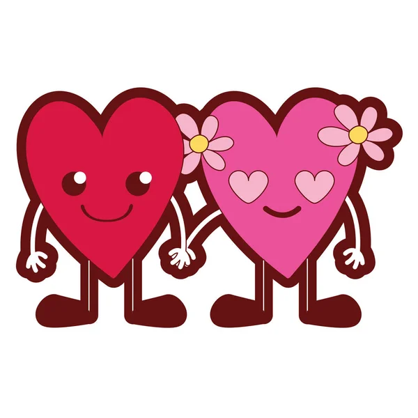 Line Color Nice Hearts Couple Kawaii Arms Legs Vector Illustration — Stock Vector