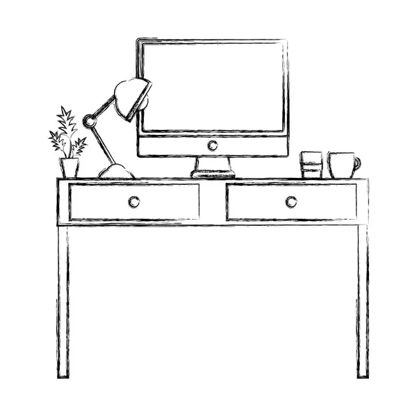 Figura Ufficio Scrivania Con Lampada Schermo Del Computer Vettoriale Illustrazione — Vettoriale Stock