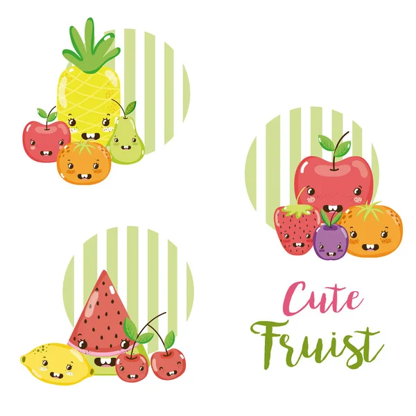 Lindos Frutos Kawaii Dibujos Animados Vector Ilustración Diseño Gráfico — Vector de stock