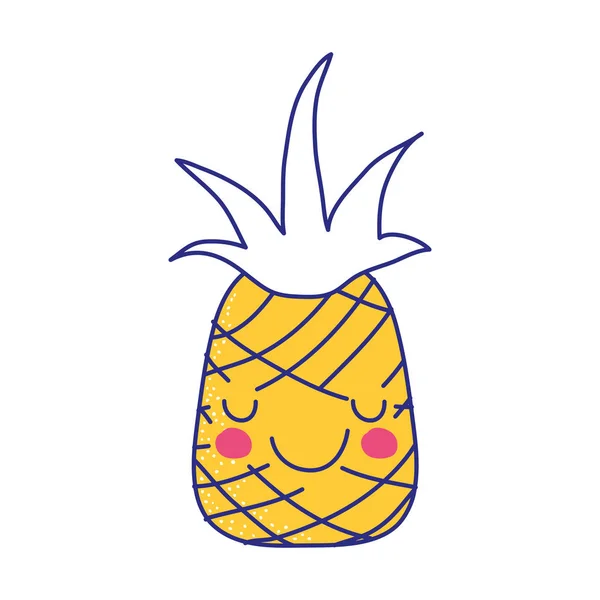 Pleine Couleur Heureux Ananas Fruit Tendre Kawaii Vecteur Illustration — Image vectorielle