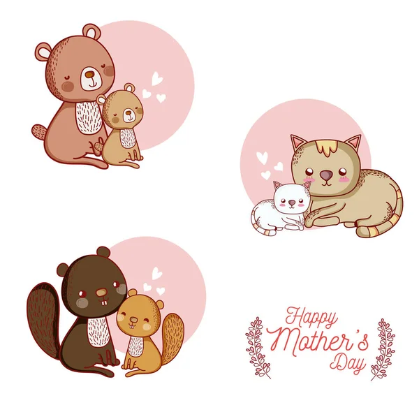 Happy Mothers Day Card Cute Animals Cartoons Vector Illustration Graphic — Stock Vector