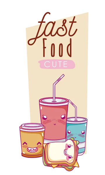 Cute Fast Food Combo Kawaii Cartoon Vector Illustration Graphic Design — Stock Vector