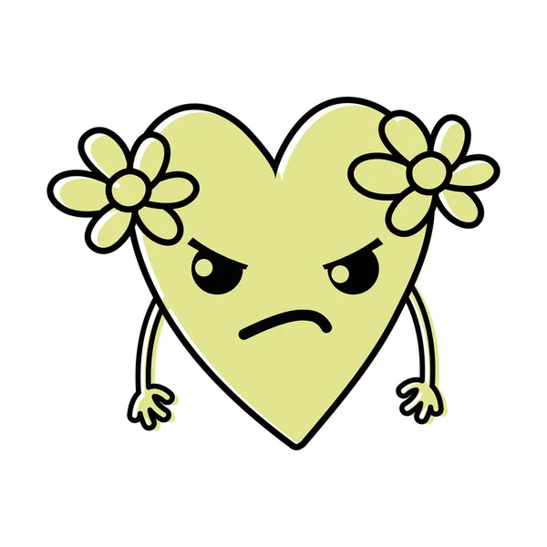 Farbe Wütend Herz Mit Blumen Kawaii Cartoon Vektor Illustration — Stockvektor