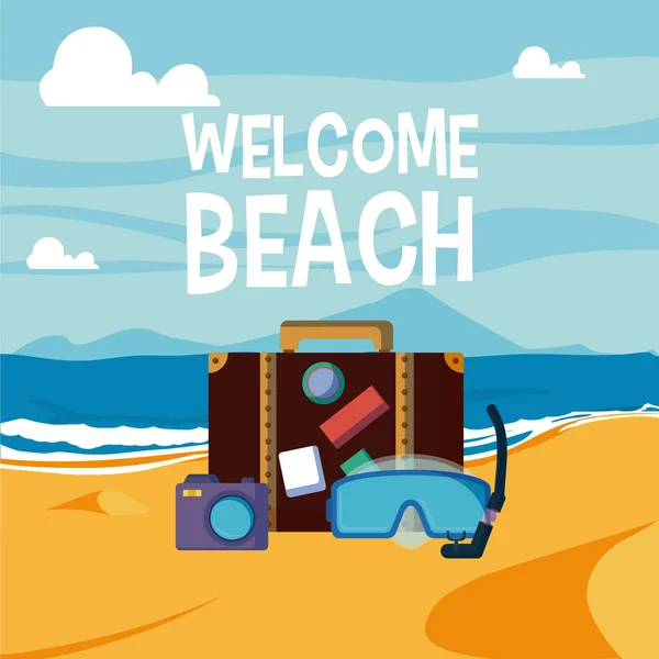Cartão Praia Boas Vindas Com Elementos Ilha Desenhos Animados Design — Vetor de Stock