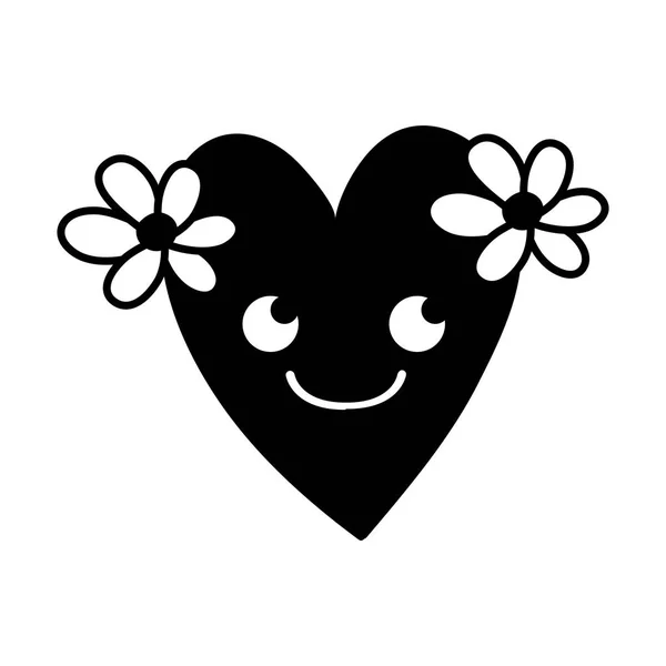Contour Glimlach Hart Met Bloemen Kawaii Cartoon Vectorillustratie — Stockvector