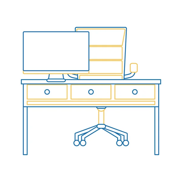 彩色线办公桌与抽屉和计算机屏幕矢量插图 — 图库矢量图片
