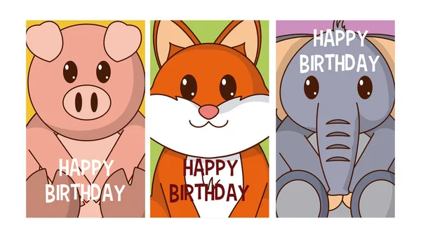 Conjunto Tarjetas Cumpleaños Con Animales Dibujos Animados Vector Ilustración Diseño — Vector de stock