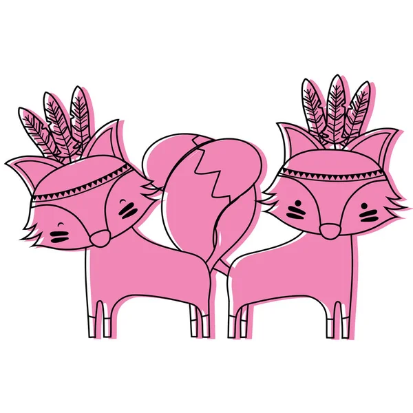 Kleur Fox Dieren Paar Samen Met Veren Vector Illustratie — Stockvector