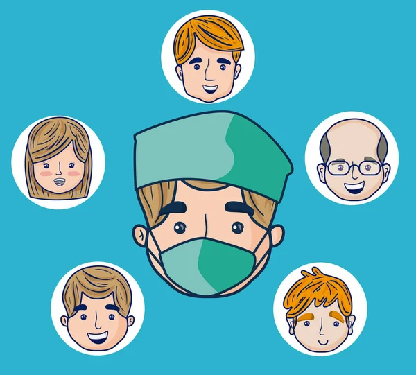 Läkare Tecknad Med Patienter Ansikten Över Blå Bakgrund Vektor Illustration — Stock vektor