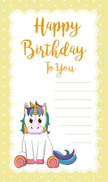 Tarjeta Cumpleaños Feliz Con Dibujos Animados Lindo Unicornio Marco Nota — Vector de stock