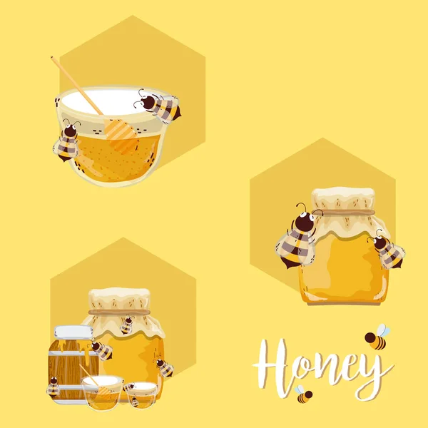 Set Van Honing Bijen Tekenfilms Collectie Vector Illustratie Grafisch Ontwerp — Stockvector