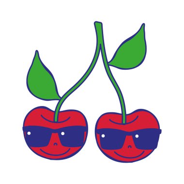 Tam renk güneş gözlüğü ile mutlu cherrys meyve kawaii vektör çizim