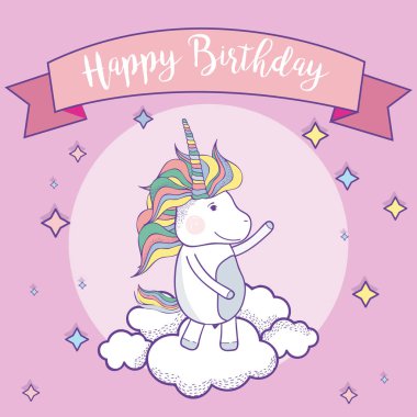 Mutlu Doğum günü kartı ile şirin tek boynuzlu atlara fantazi karikatürler vektör illüstrasyon grafik tasarım