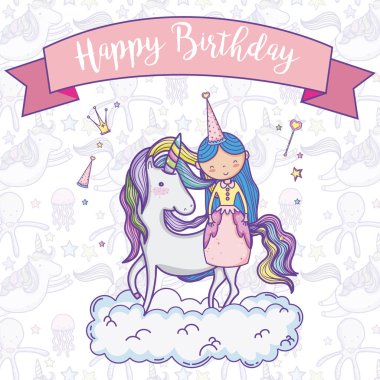 Prenses ve midilli karikatür vektör çizim grafik tasarım ile şirin Doğum günü kartı