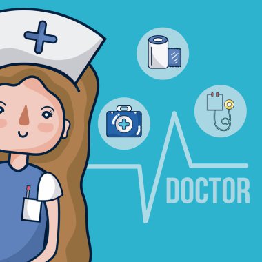 Sevimli hemşire kadın karikatür ile tıbbi sembolleri vektör çizim grafik tasarım