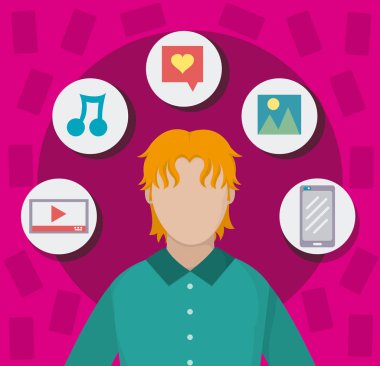 Delikanlı ile sosyal medya simgeler vektör çizim grafik tasarım