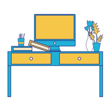 tam renkli ahşap Resepsiyon nesnesiyle çekmeceler ve bilgisayar vektör çizim