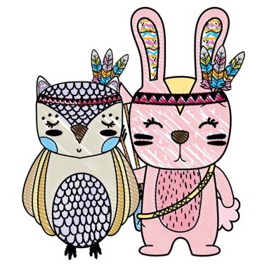 rendelenmiş baykuş ve tüylü tavşan hayvanlar vektör çizim tasarım