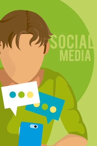 Jeune Homme Utilisant Smartphone Pour Illustration Vectorielle Des Médias Sociaux — Image vectorielle