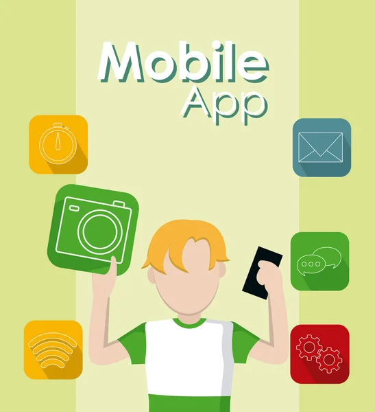 Mladý Muž Pomocí Smartphone Mobilní Aplikace Vektorové Ilustrace Grafický Design — Stockový vektor