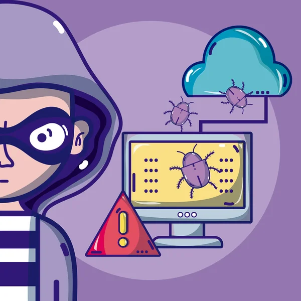 Hacker Avec Cybercriminalité Les Dessins Animés Virus Conception Graphique Vectorielle — Image vectorielle