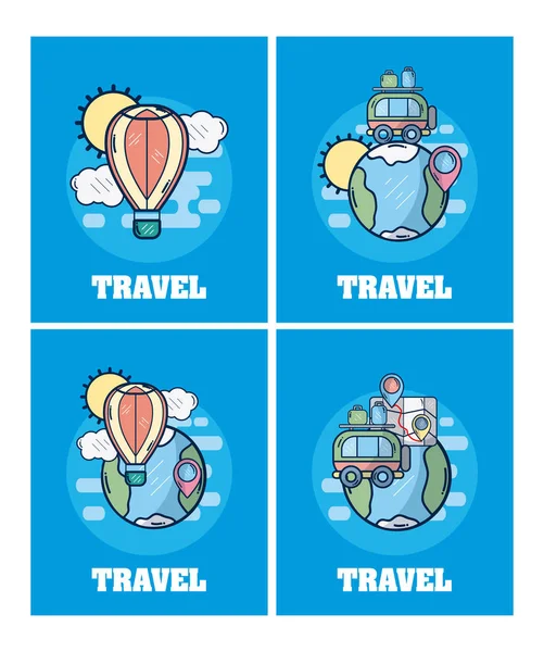 Conjunto Cartões Viagem Cartoos Ilustração Vetorial Design Gráfico —  Vetores de Stock