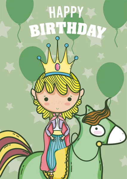 Cartão Aniversário Feliz Com Bonito Princesa Desenho Animado Vetor Ilustração —  Vetores de Stock