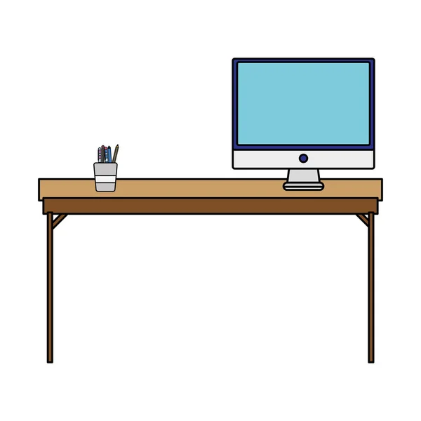 Barevný Dřevěný Stůl Objekt Počítače Obrazovka Vektorové Ilustrace — Stockový vektor