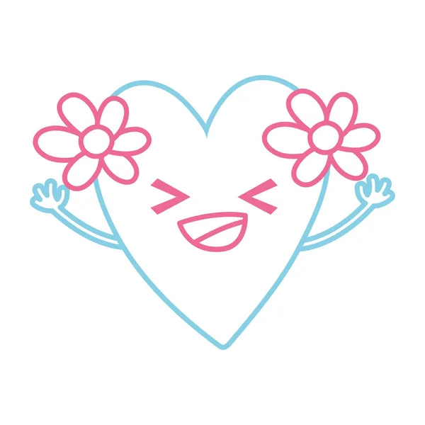 Cor Linha Coração Feliz Com Flores Kawaii Desenho Animado Vetor —  Vetores de Stock