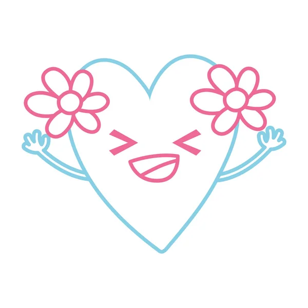 Línea Color Feliz Corazón Con Flores Kawaii Ilustración Vector Dibujos — Archivo Imágenes Vectoriales