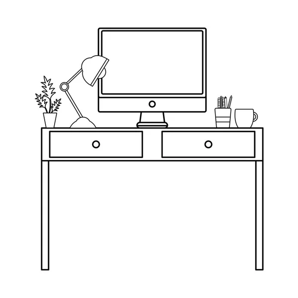 line office desk with lamp and computer screen vector illustration