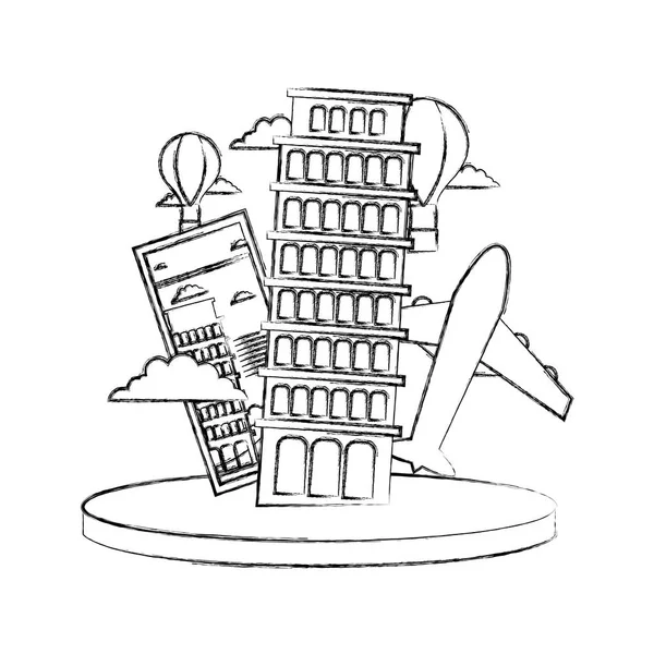 Figura Torre Inclinada Pisa Con Billete Avión Vector Ilustración — Vector de stock