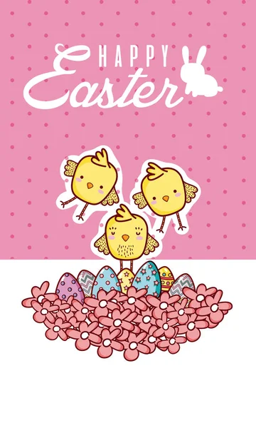 Glückliche Osterkarte Mit Kleinen Hühnern Cartoon Vektor Illustration Grafik Design — Stockvektor