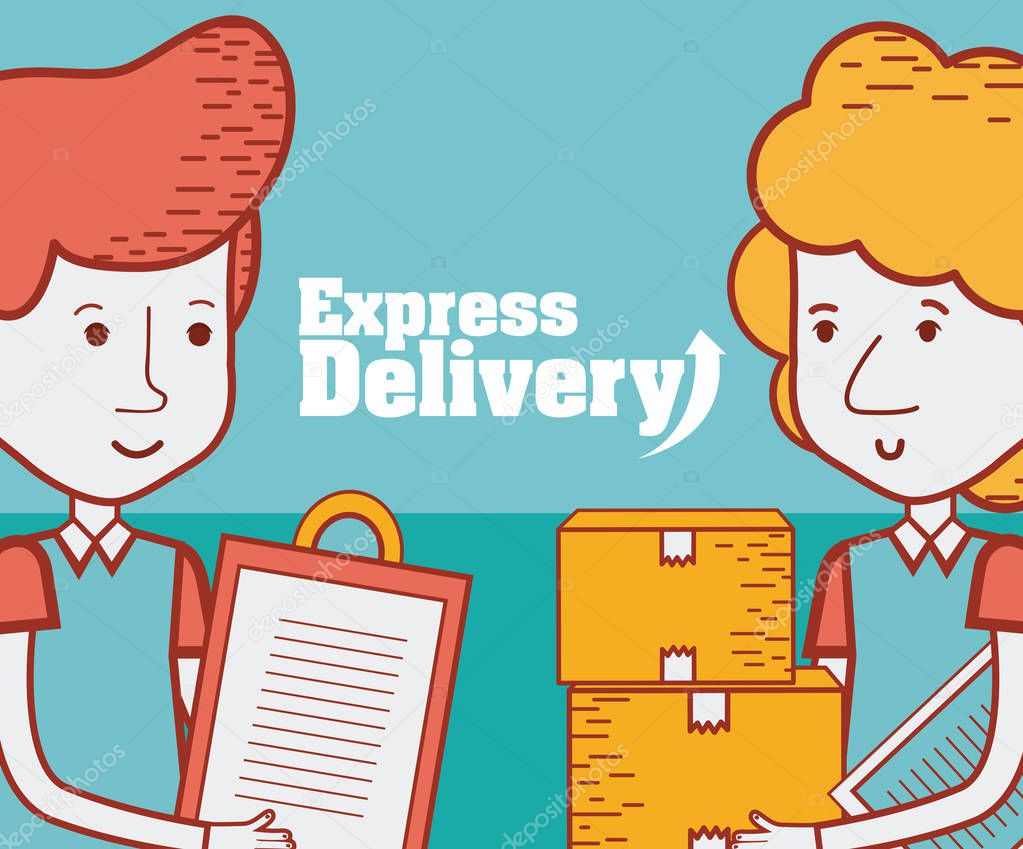 Couriers holding box and clipboard vector illustration graphic design