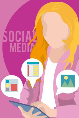 Genç kadın sosyal medya tablet ile vektör çizim grafik tasarım