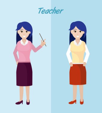 Genç öğretmen karikatür mavi renkli vektör çizim grafik tasarım üzerine