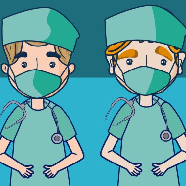 Doktorlar ve sağlık ekibi çizgi film üzerinde mavi arka plan vektör çizim grafik tasarım