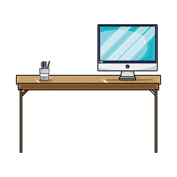 Objet Bureau Bois Râpé Avec Illustration Vectorielle Écran Ordinateur — Image vectorielle